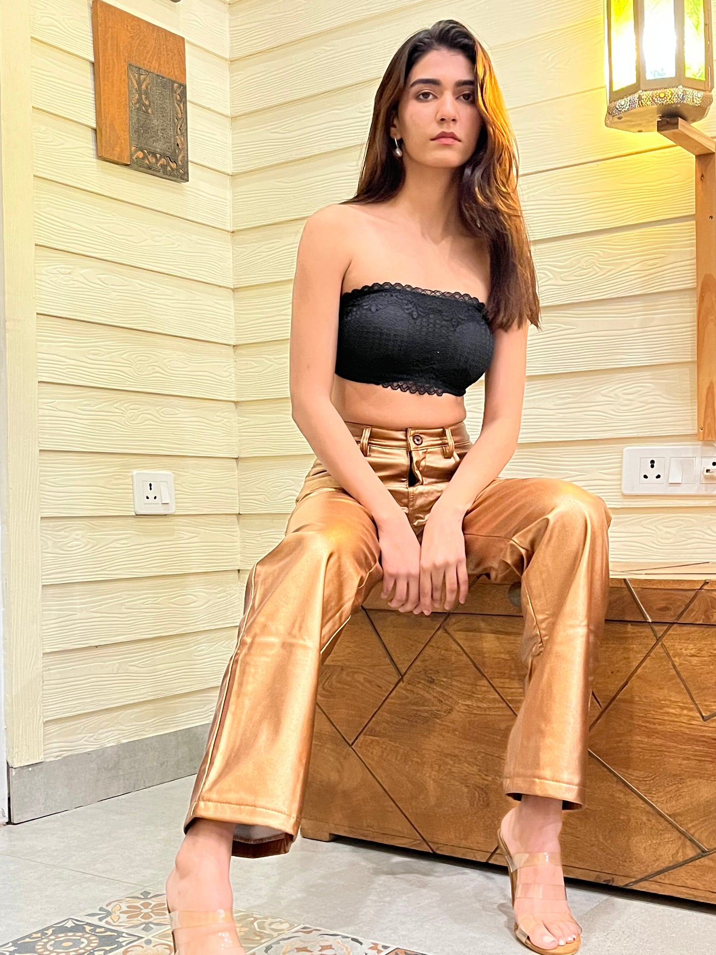 TANDUL  Women Regular Fit Gold Faux Leather Trousers