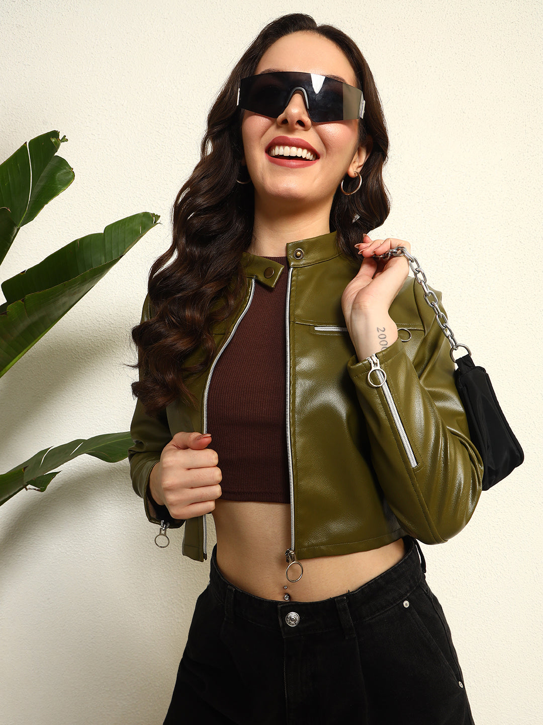 TANDUL Women Stunning Green Leather Jacket