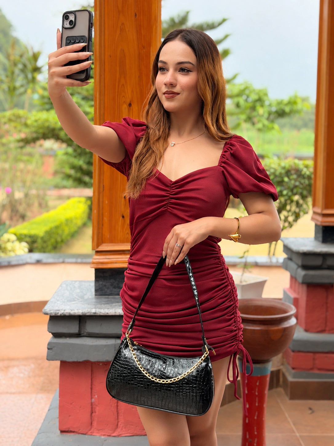 TANDUL Women's Burgundy Ruched Puff Sleeve Mini Dress