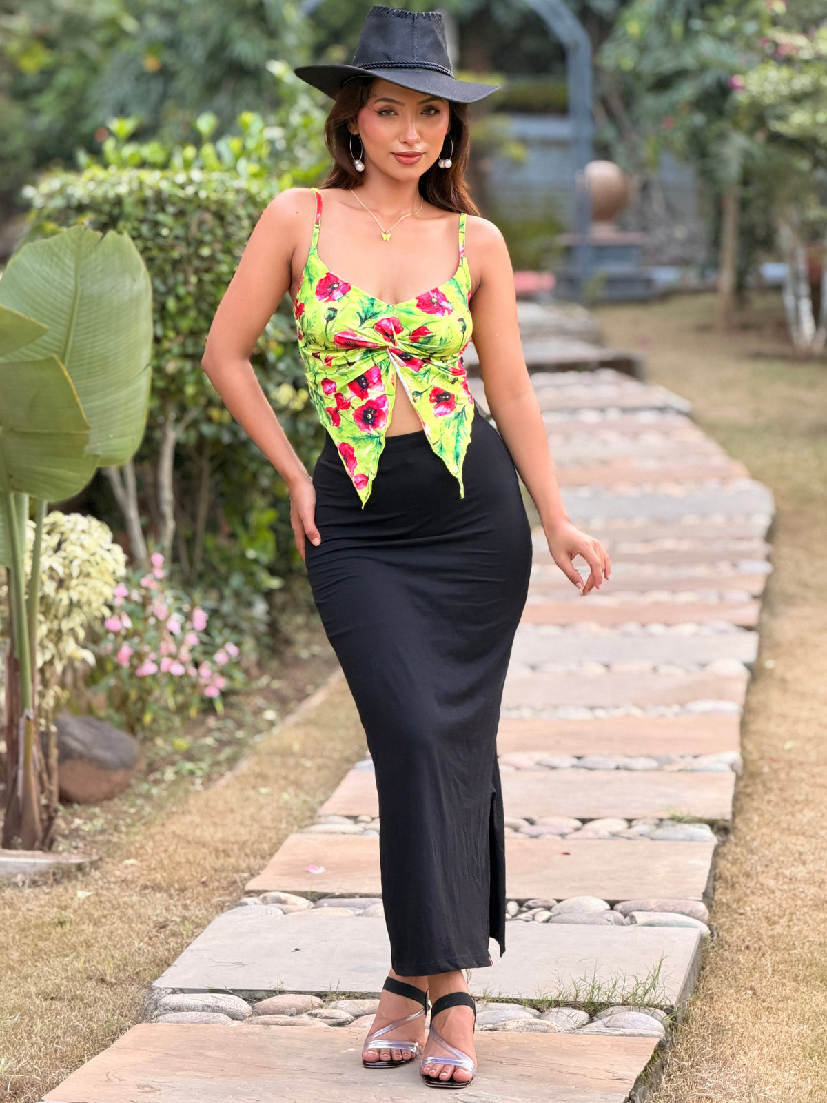 TANDUL Women Vibrant Lime & Red Floral Twist Crop Top