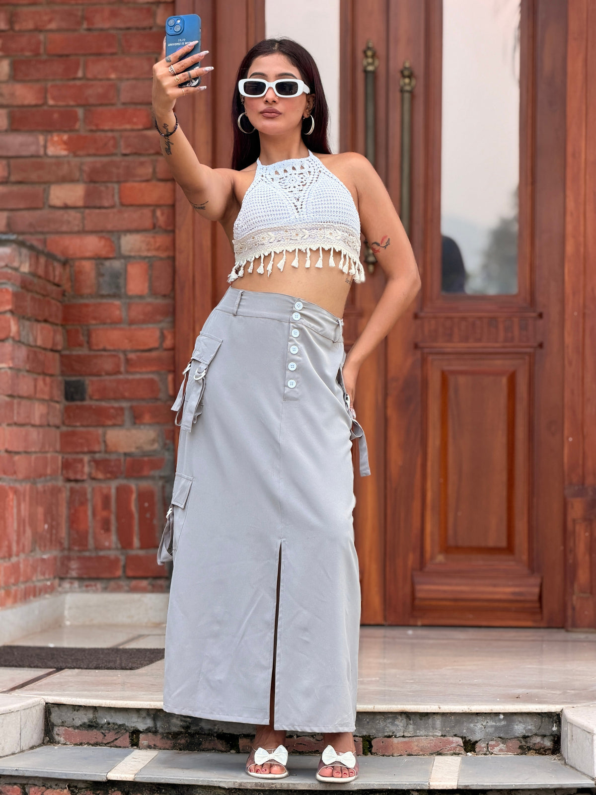 TANDUL Women High-Waisted Utility Cargo Maxi Skirt