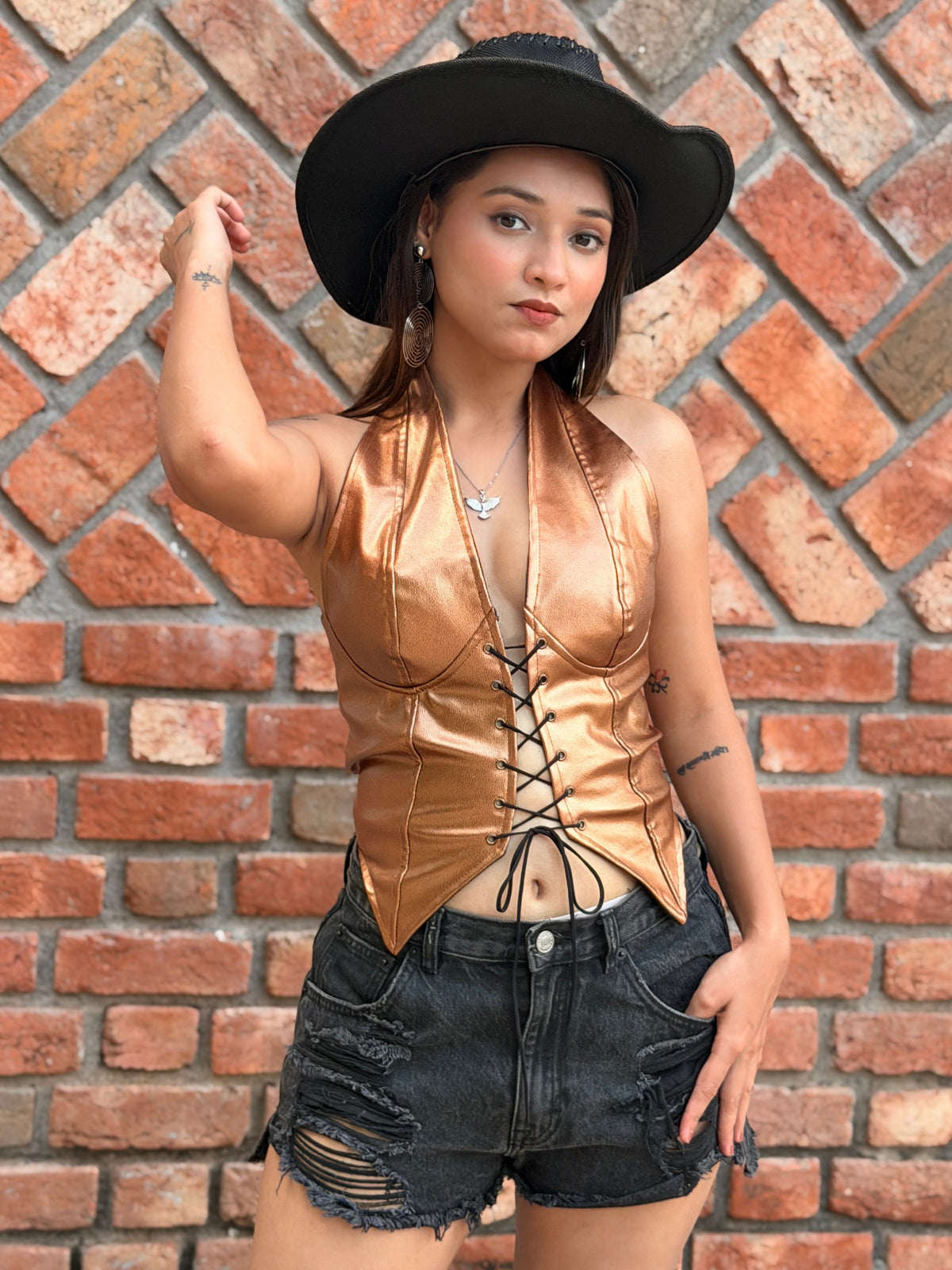 TANDUL Women Golden Front Detailed Leather Top