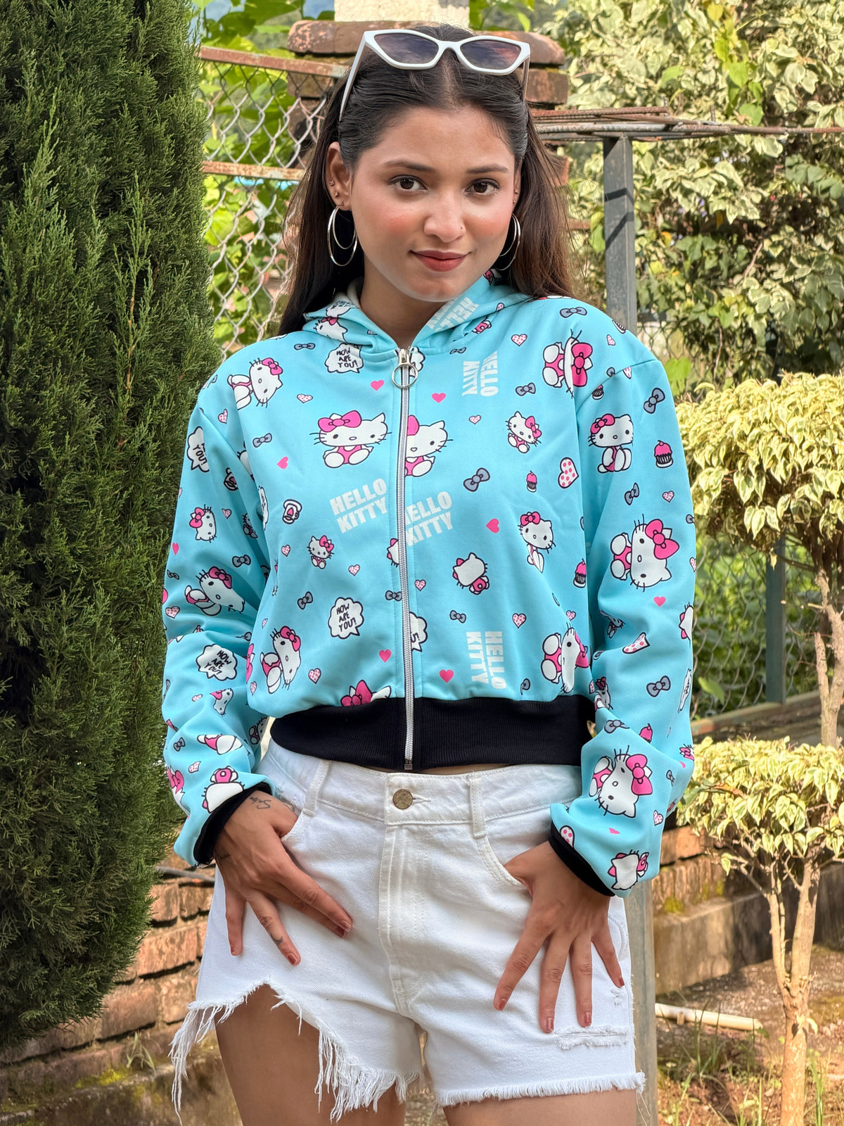 TANDUL Women Light Blue Cropped Hello Kitty Print Zip-Up Hoodie