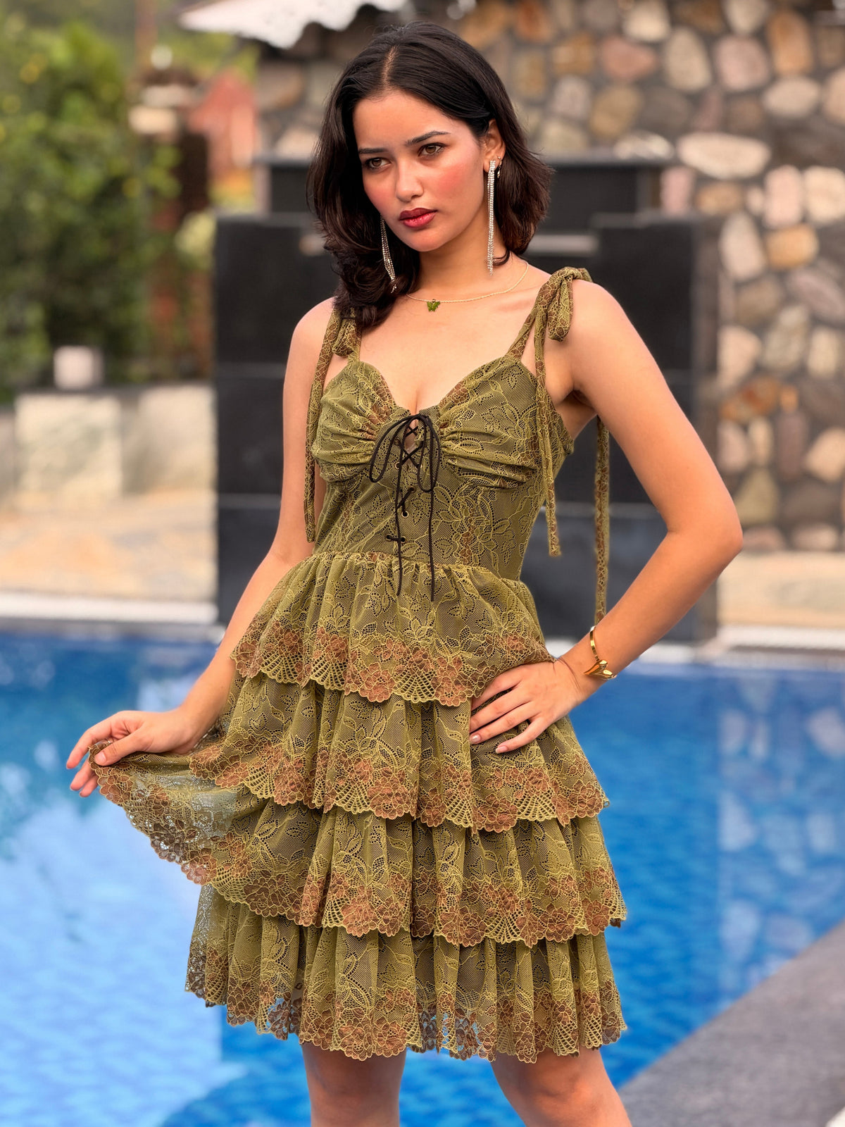 TANDUL Women Fairycore Olive Green Lace Mini Dress