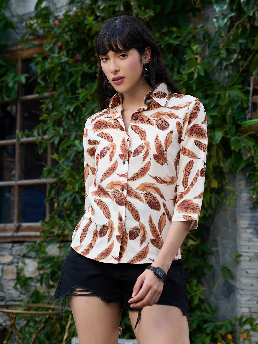 TANDUL Women Brown Feathers Printed Shirt