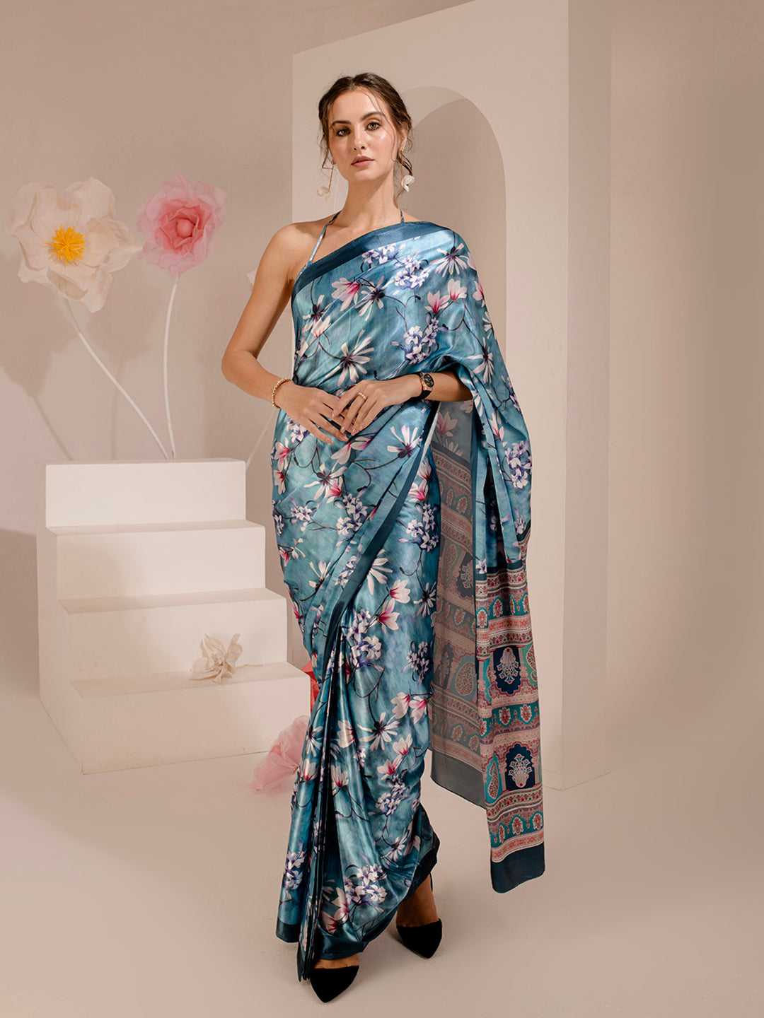 ELTIRE Exquisite Skyblue Printed Satin Saree