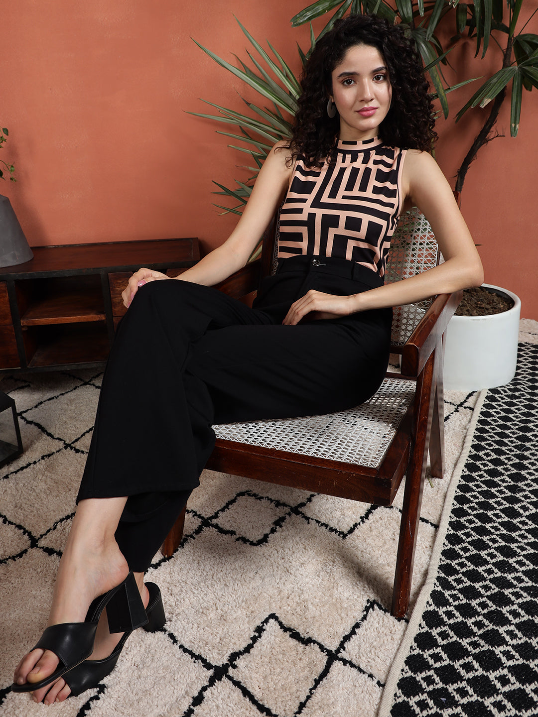 TANDUL Casual Sleeveless Printed Women Beige Top