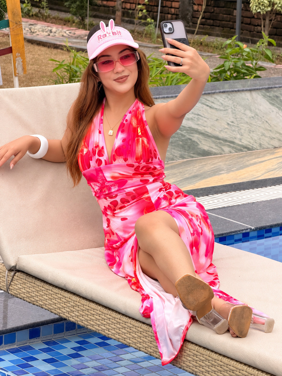 TANDUL Women Tropical Pink Floral Halter Maxi Dress
