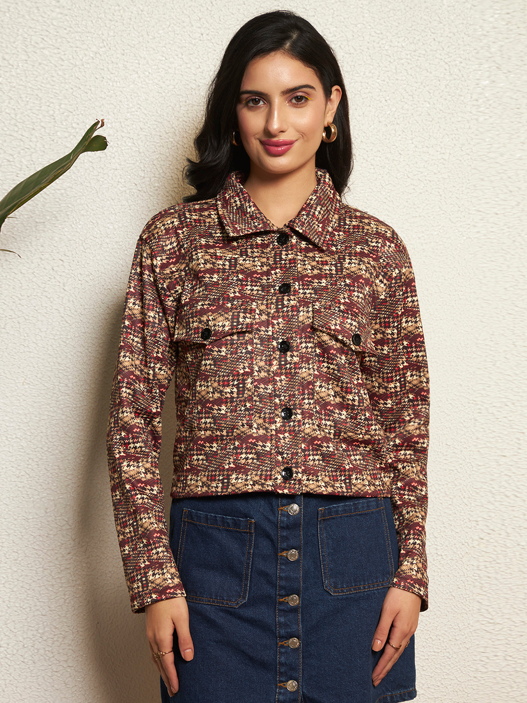 TANDUL Women Houndstooth Fleece Jacket