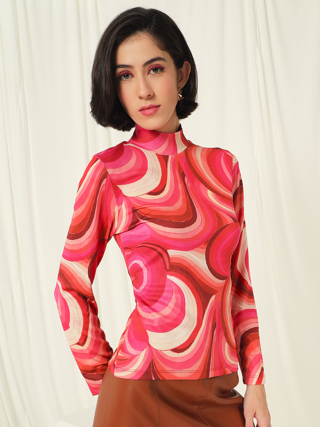 TANDUL  Women Printed High Neck Pink Sweater