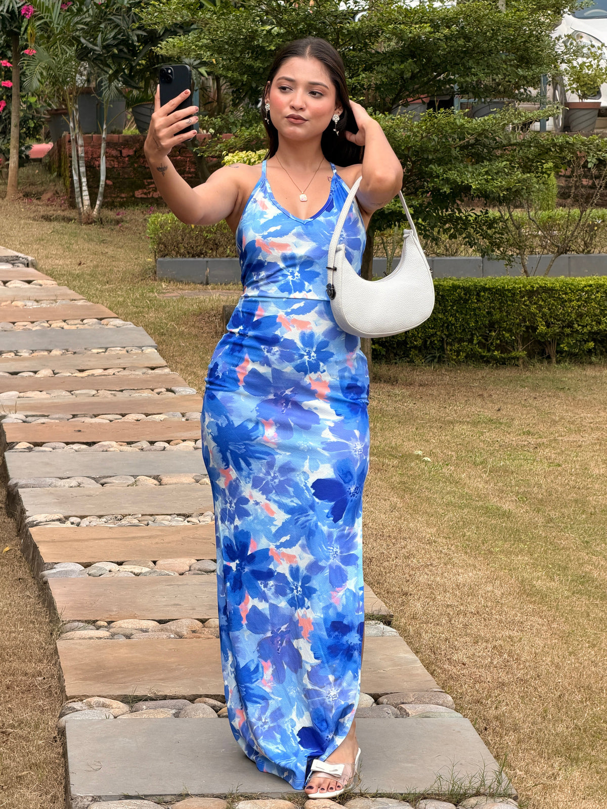TANDUL Women Blue Floral Backless Bodycon Dress
