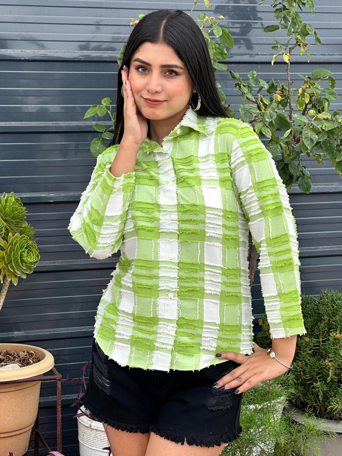 TANDUL Women Green and white Plaid Shirt