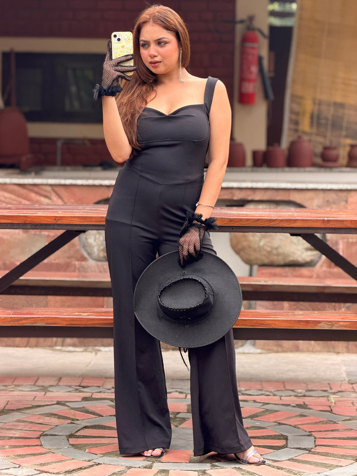 TANDUL Women's Corset-Style Sweetheart Flared Jumpsuit