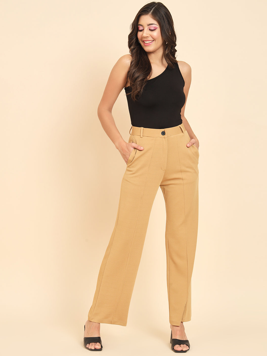 TANDUL Women Regular Fit Beige Lycra Trousers