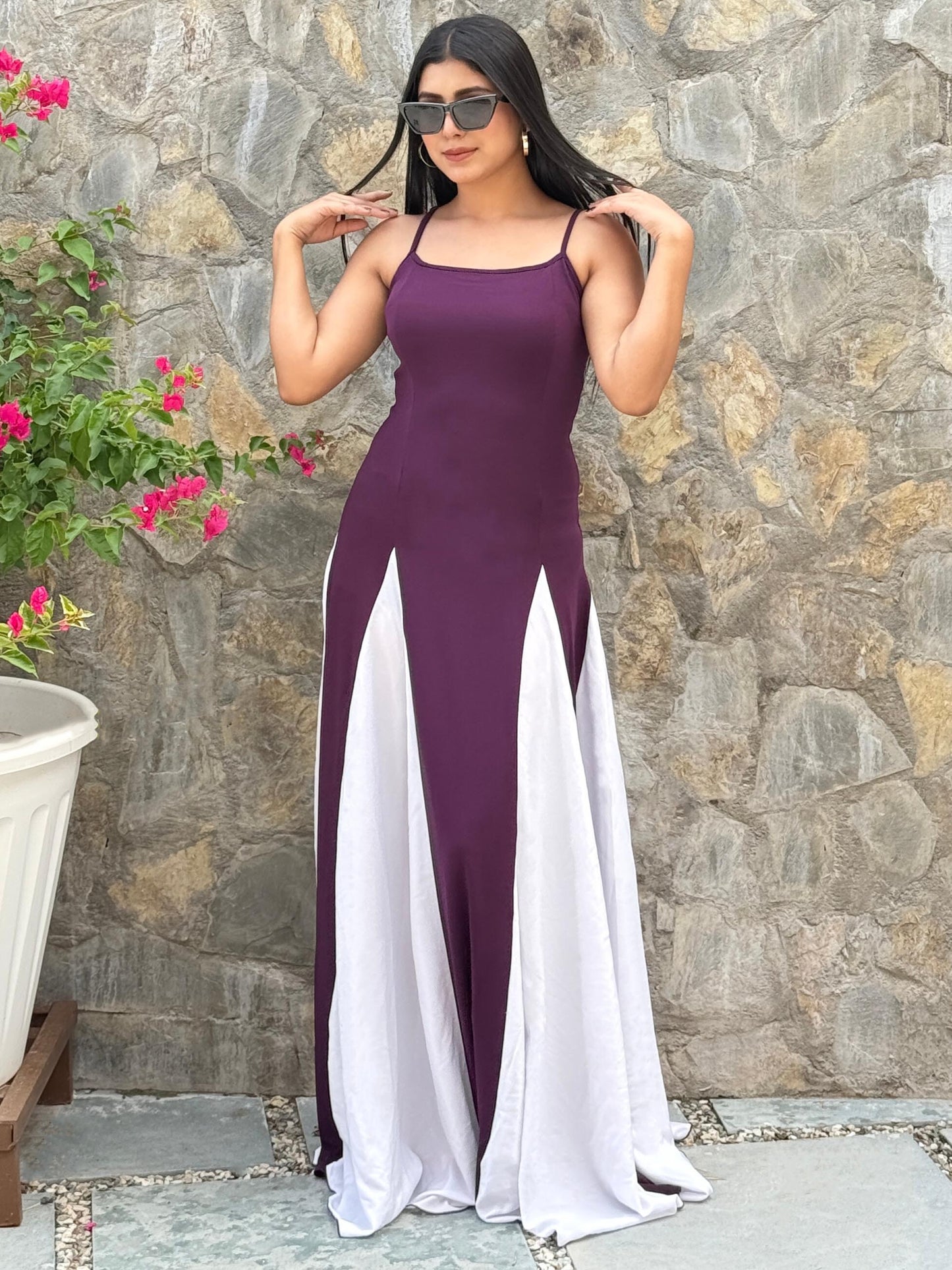 TANDUL Women Purple and White Long Flared Dress