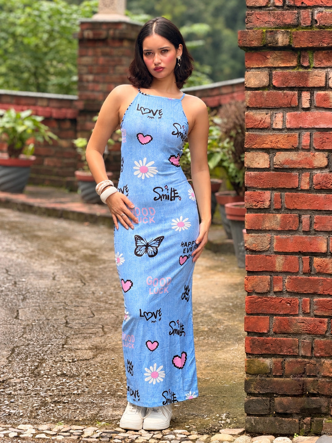 TANDUL Women's Sleeveless Halter Neck Printed Bodycon Maxi Dress