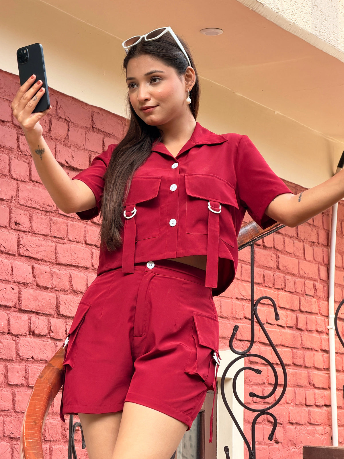 TANDUL Women's Burgundy Cargo Crop Shirt and Shorts Co-ord Set