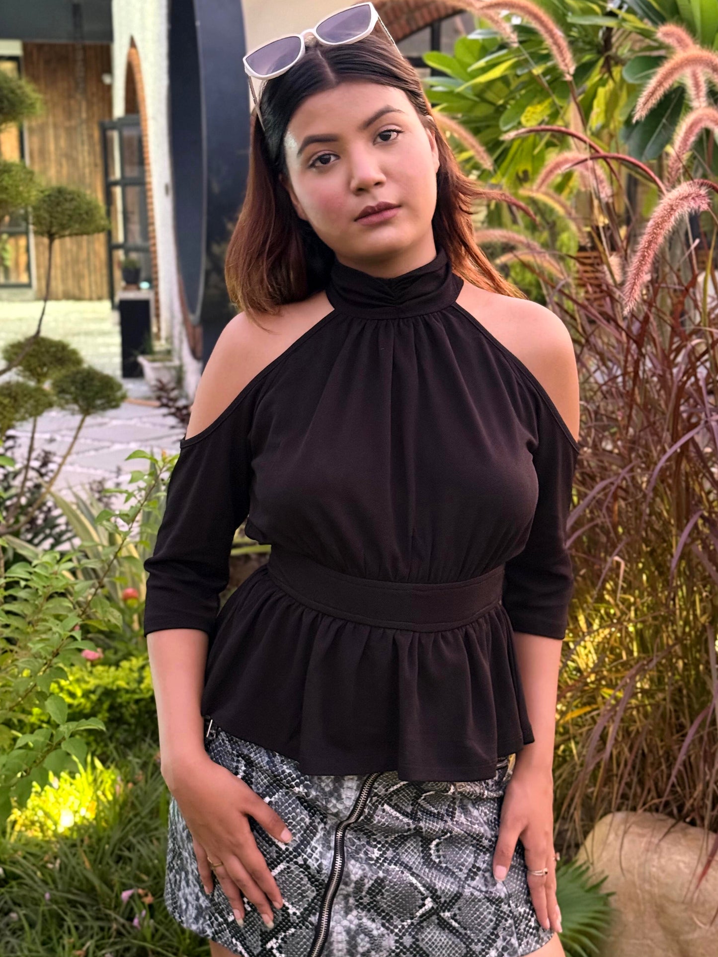 TANDUL Women Black Cold Shoulder Top