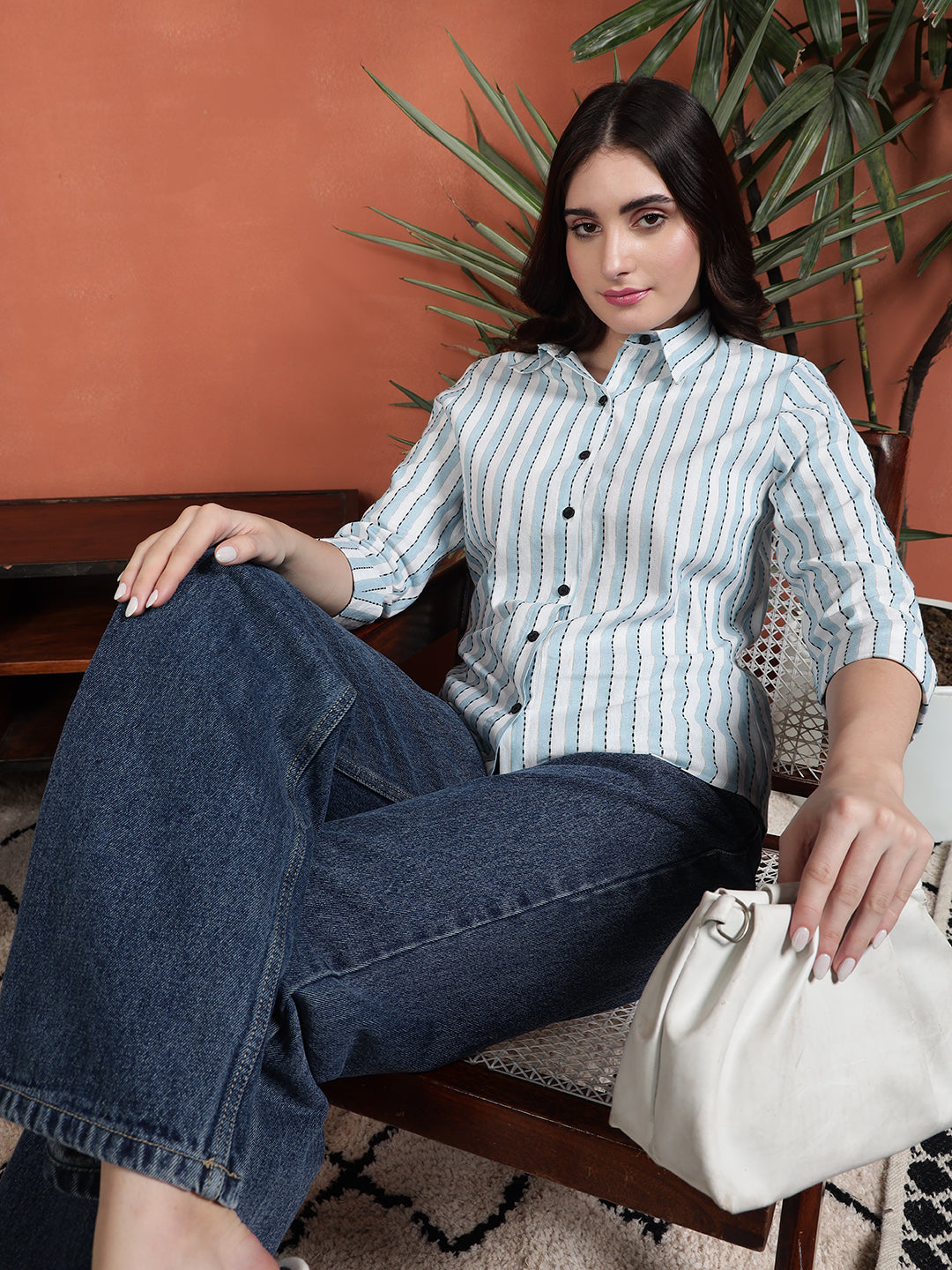 TANDUL Women Stylish Blue and White Striped Shirt