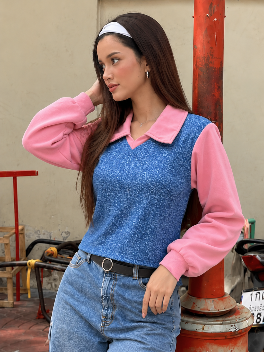 TANDUL Women 2-in-1 Blue Denim Textured Fleece Sweatshirt
