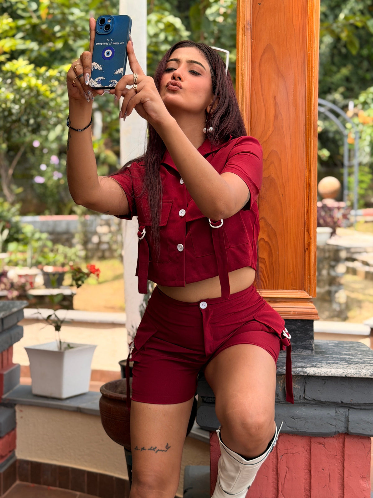 TANDUL Women's Burgundy Cargo Crop Shirt and Shorts Co-ord Set