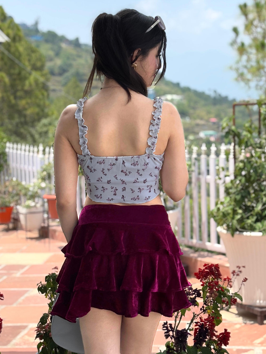 TANDUL Women Wine Color Velvet Skirt