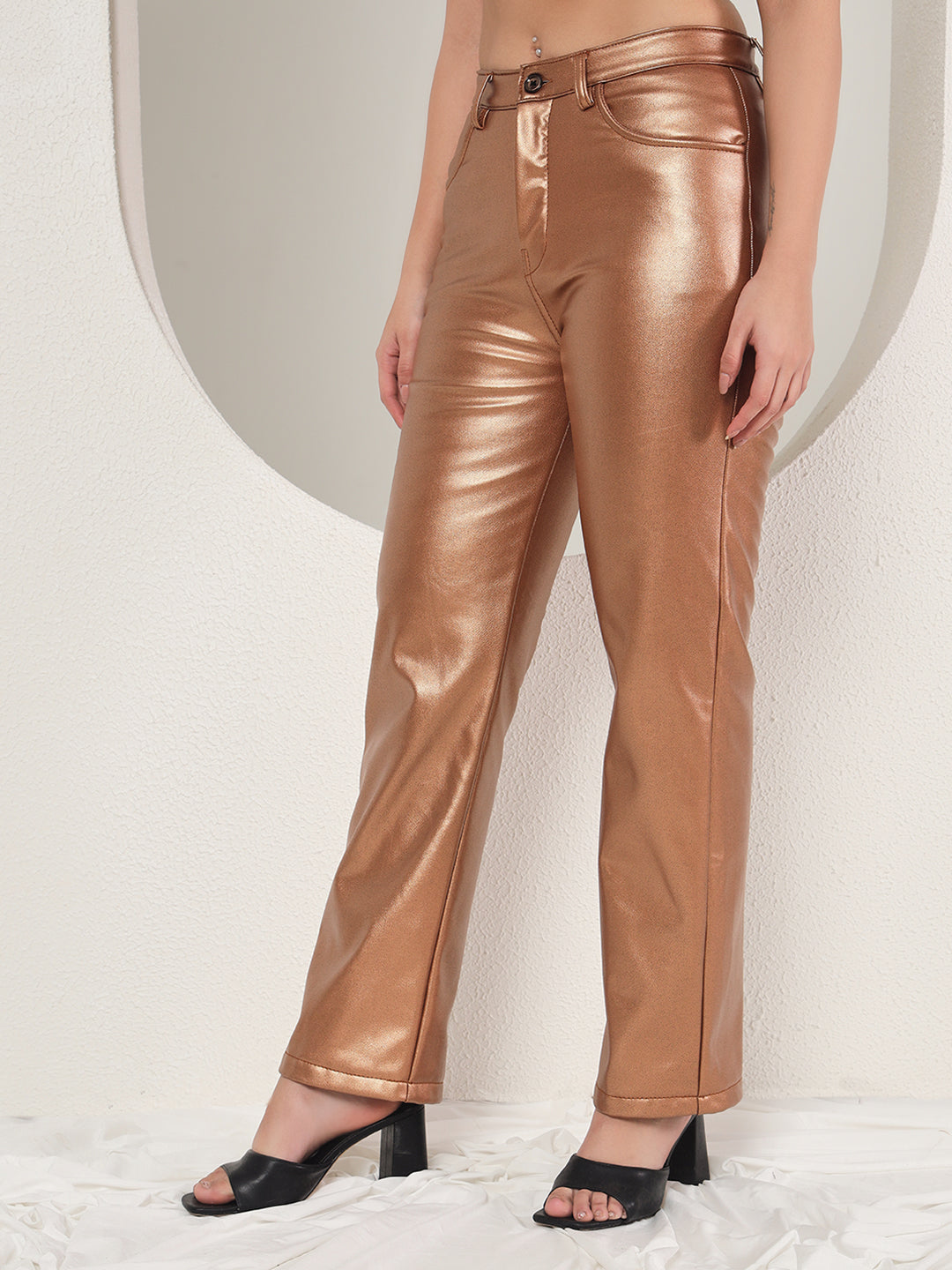 TANDUL  Women Regular Fit Gold Faux Leather Trousers
