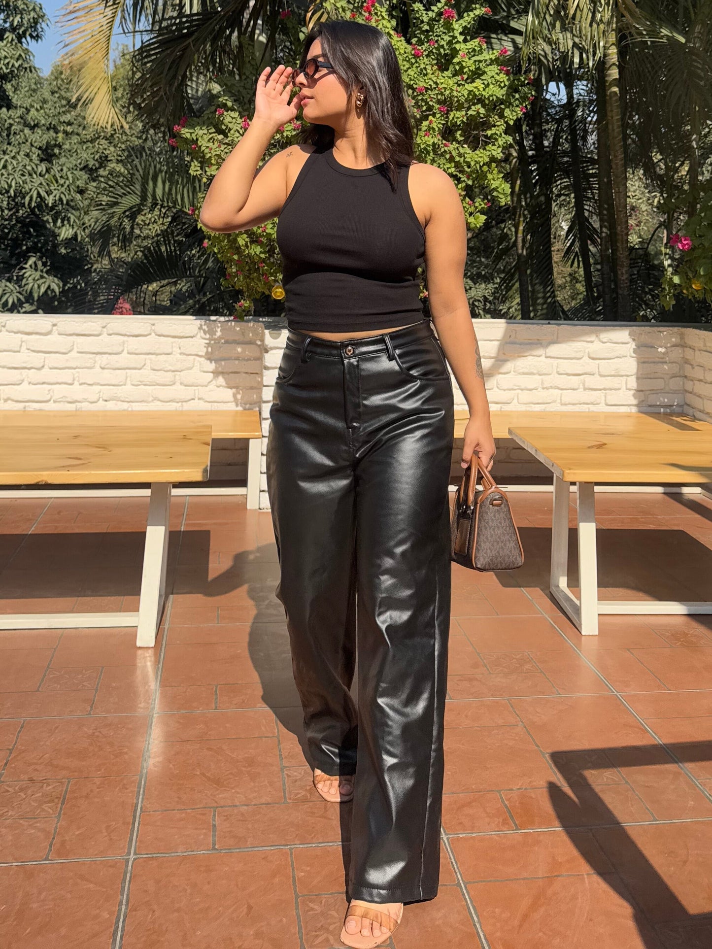 TANDUL  Women Regular Fit Black Faux Leather Trousers