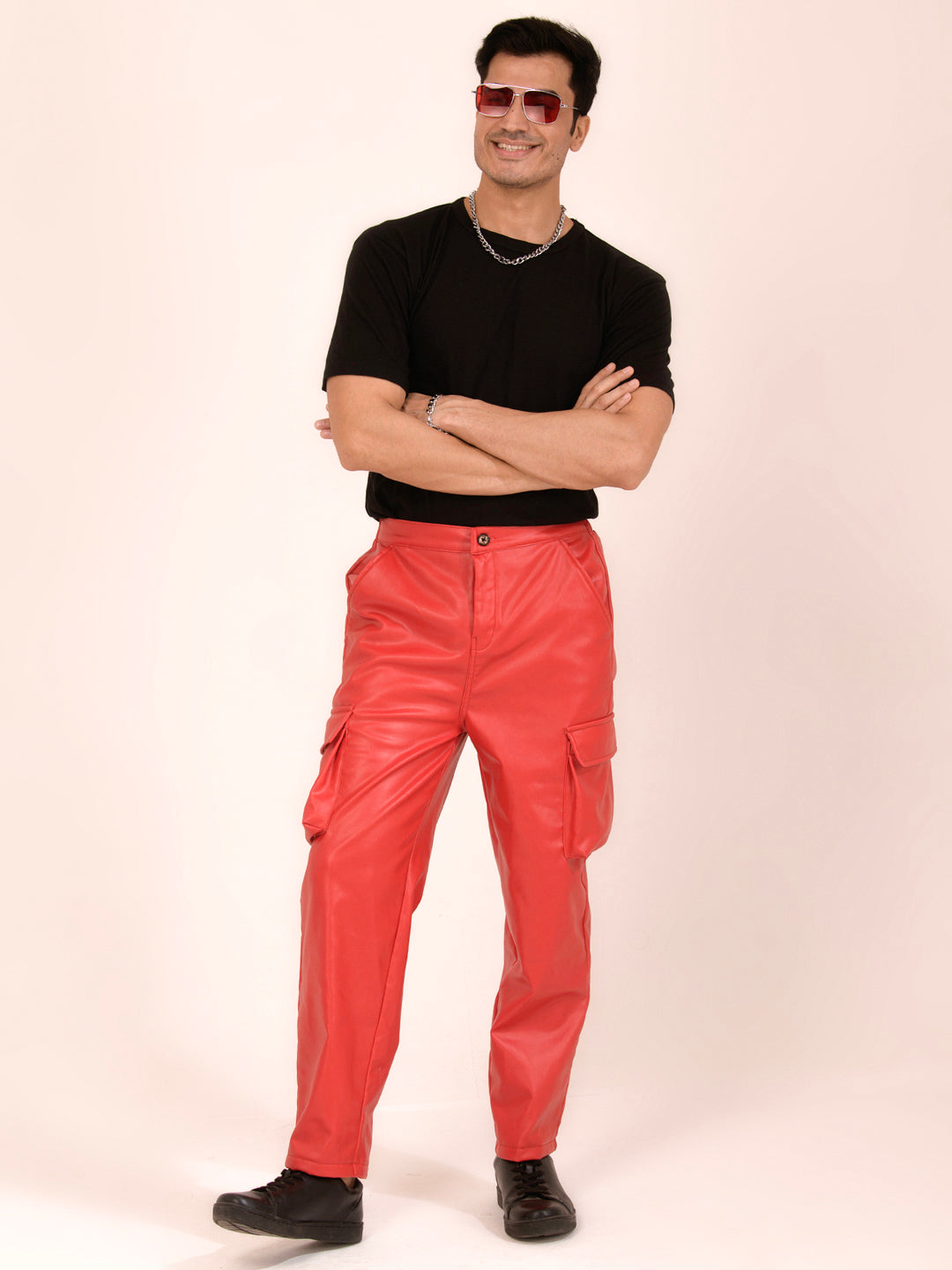 TANDUL  Men Regular Fit Red Faux Leather Trousers