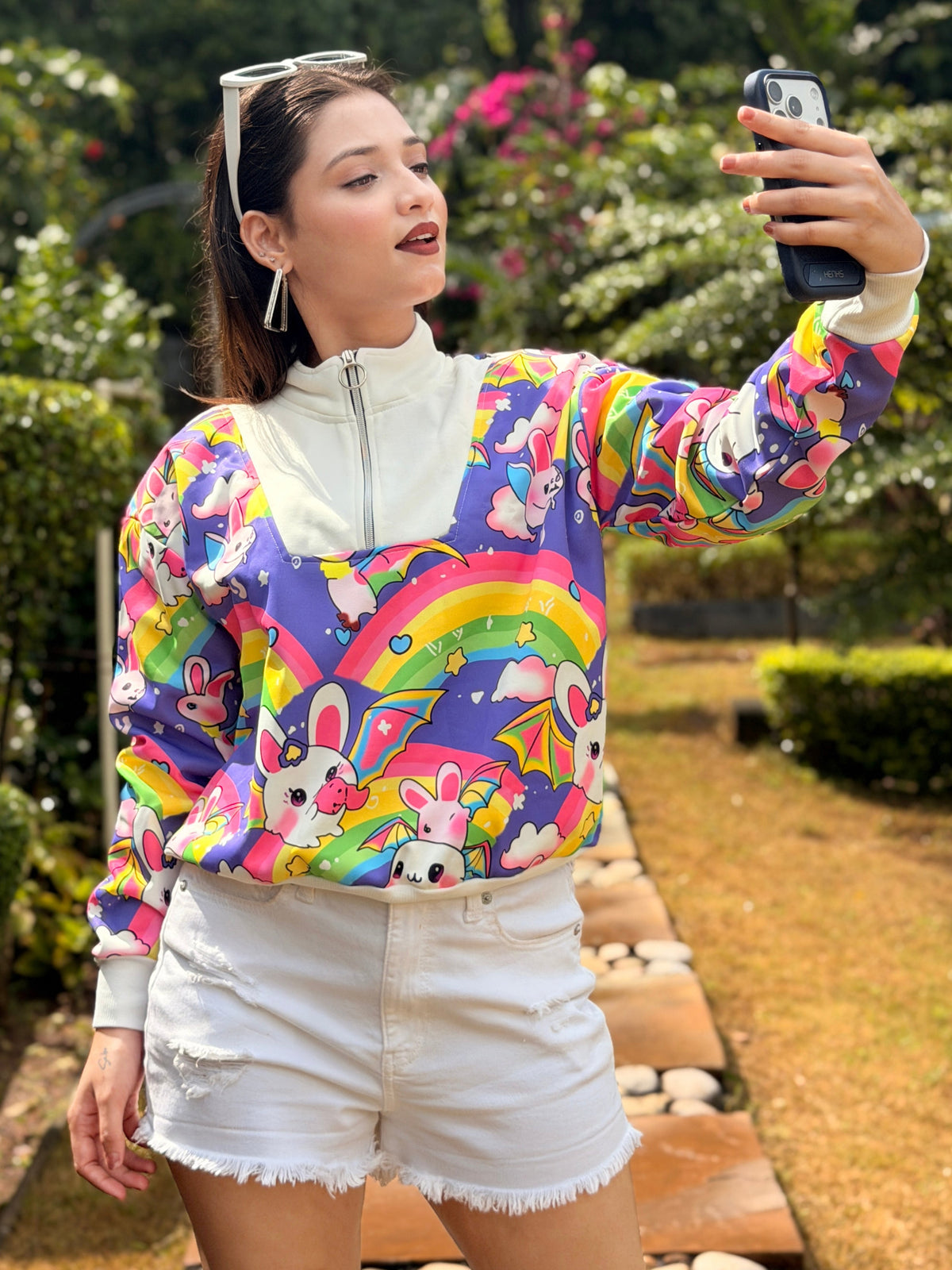 TANDUL Women’s Colorful Rainbow & Bat-Bunny Printed Cropped Sweatshirt