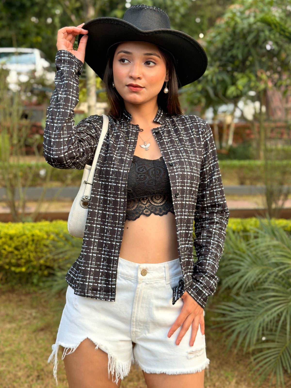 TANDUL Women Tweed-Printed Mandarian Collar Fitted Jacket Style Top