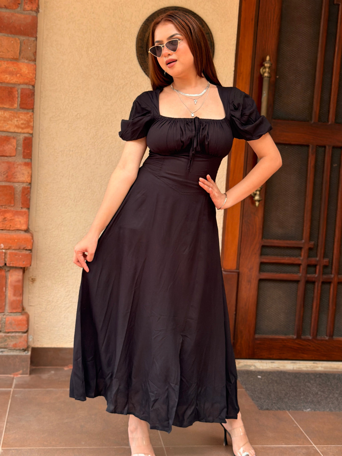 TANDUL Women Classic Black Lace-Up Corset Midi Dress