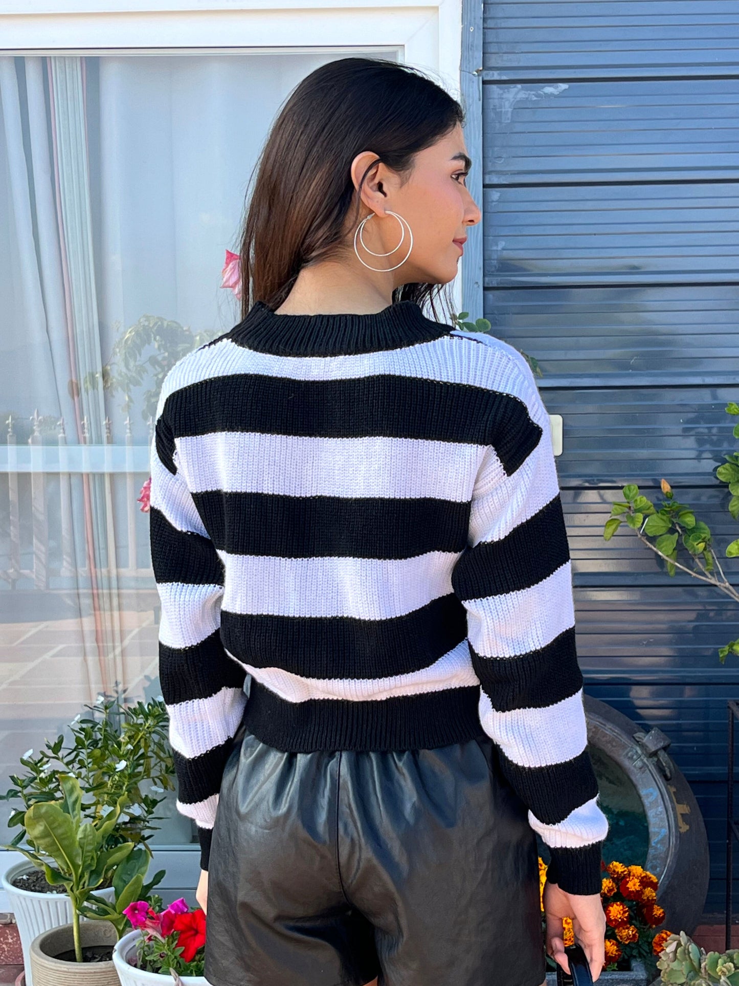TANDUL Women Charming Black and White Striped Sweater