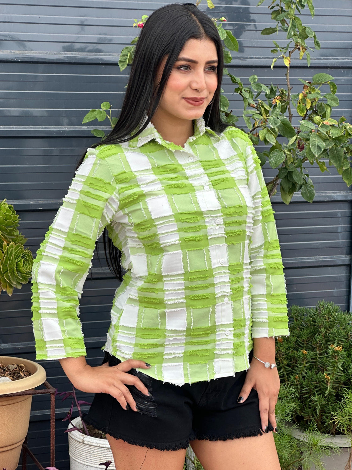 TANDUL Women Green and white Plaid Shirt
