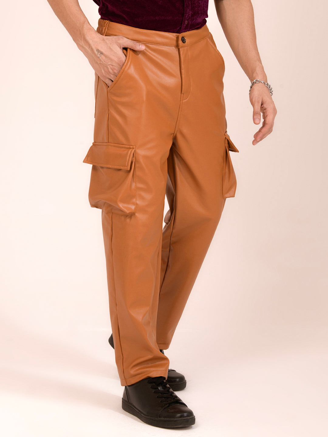 TANDUL  Men Regular Fit Yellow Faux Leather Trousers