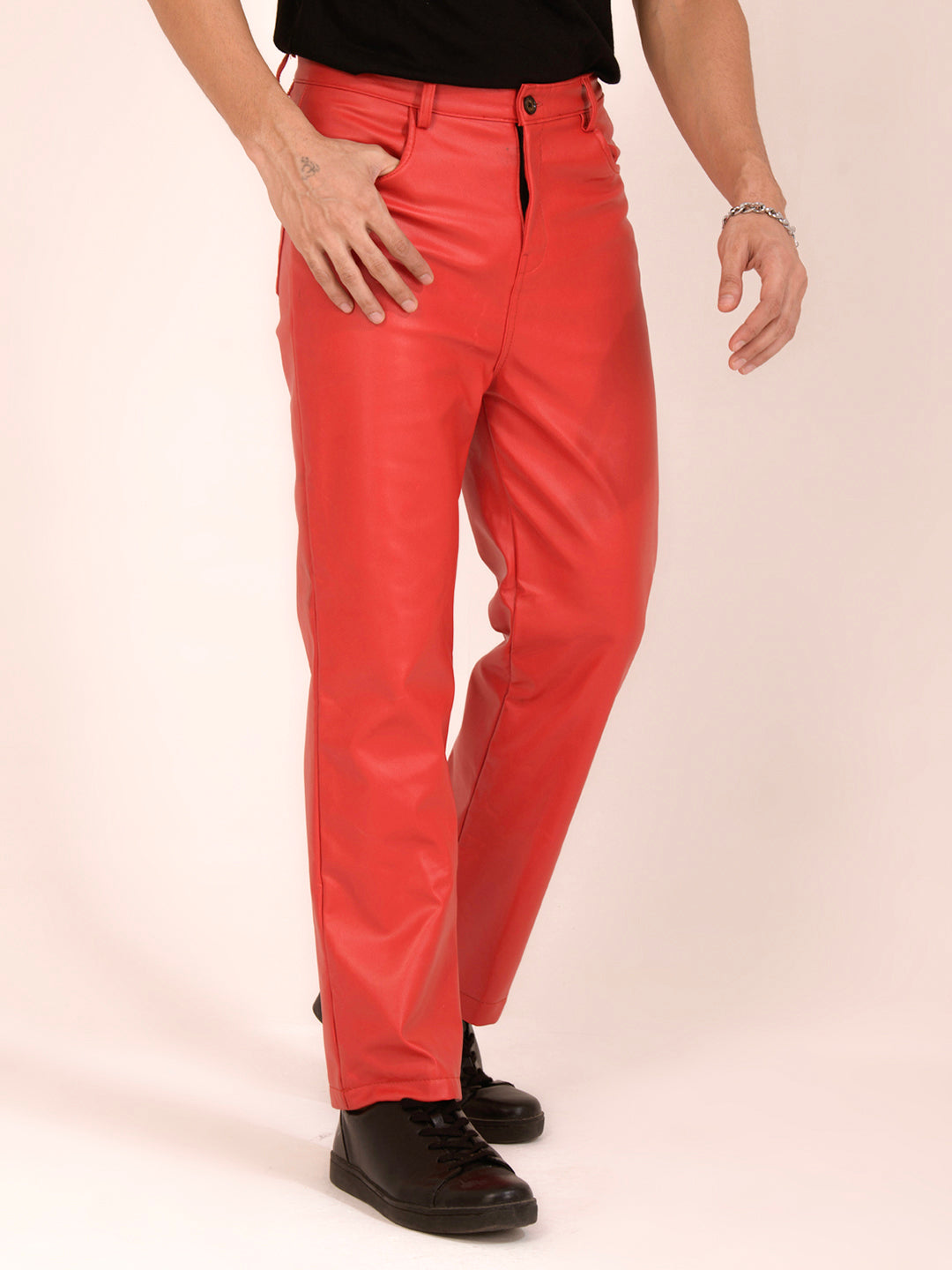 TANDUL  Men Regular Fit Red Faux Leather Trousers