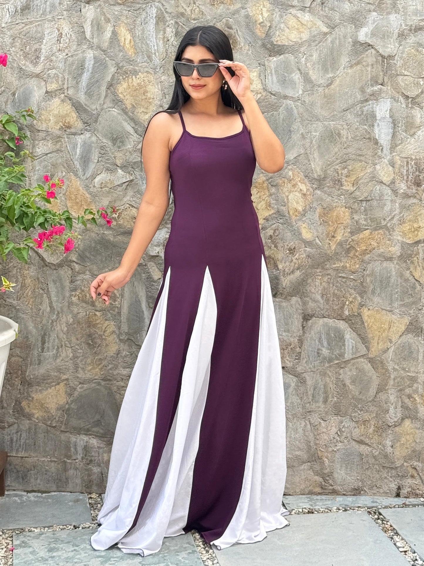 TANDUL Women Purple and White Long Flared Dress
