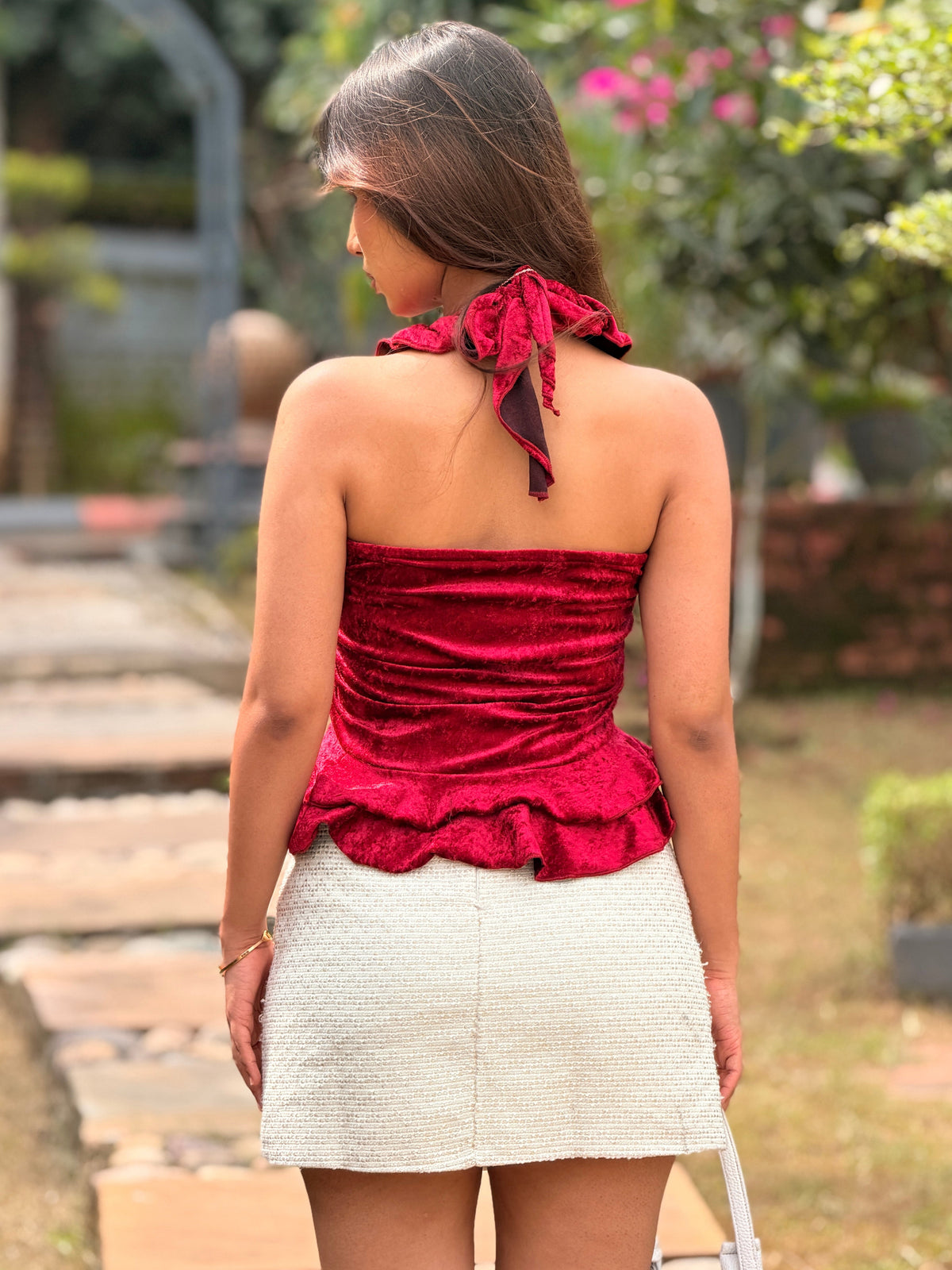 TANDUL Women Vintage Crimson Crushed Velvet Ruffle Halter Top