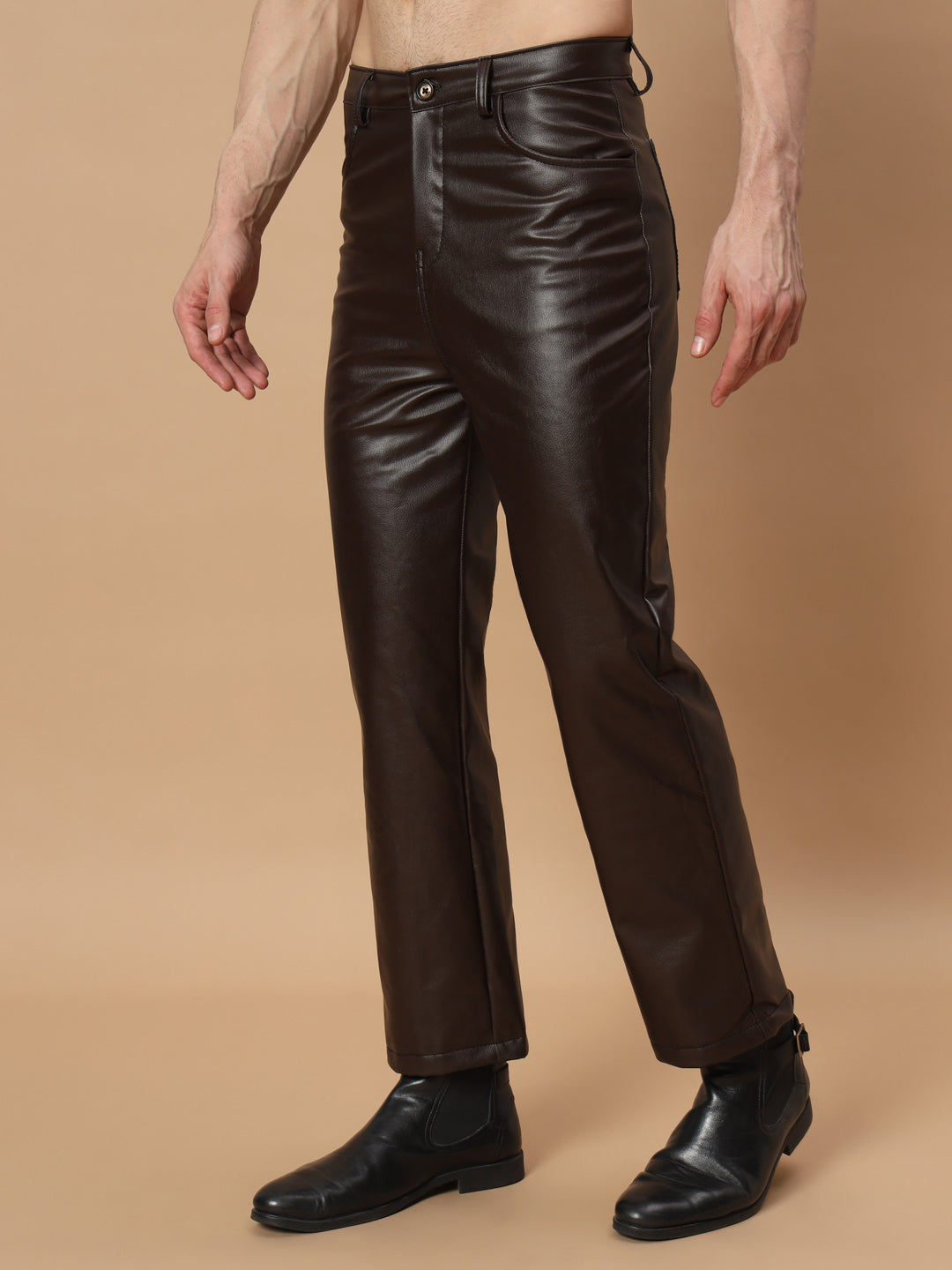 TANDUL  Men Regular Fit Brown Faux Leather Trousers