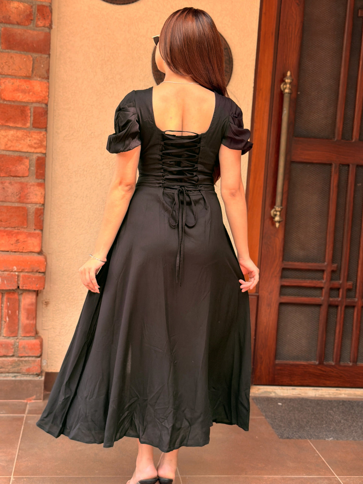 TANDUL Women Classic Black Lace-Up Corset Midi Dress