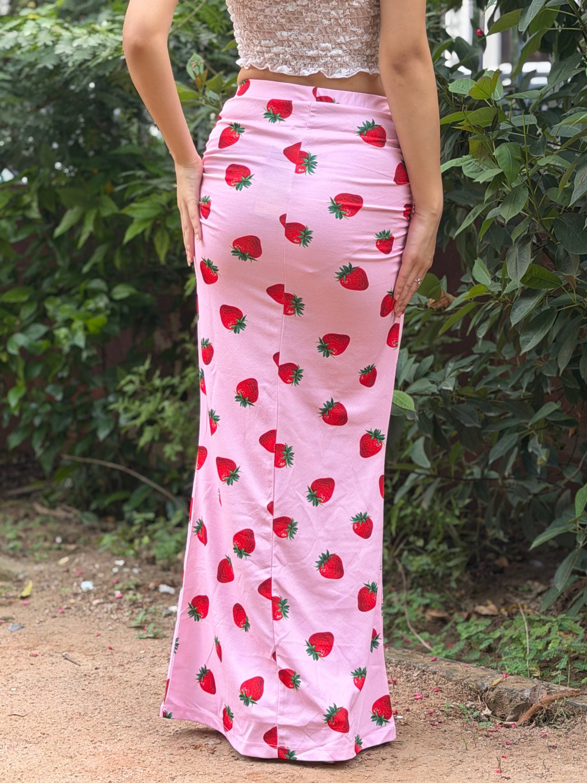 TANDUL Women Pastel Pink Strawberry Bodycon Maxi Skirt
