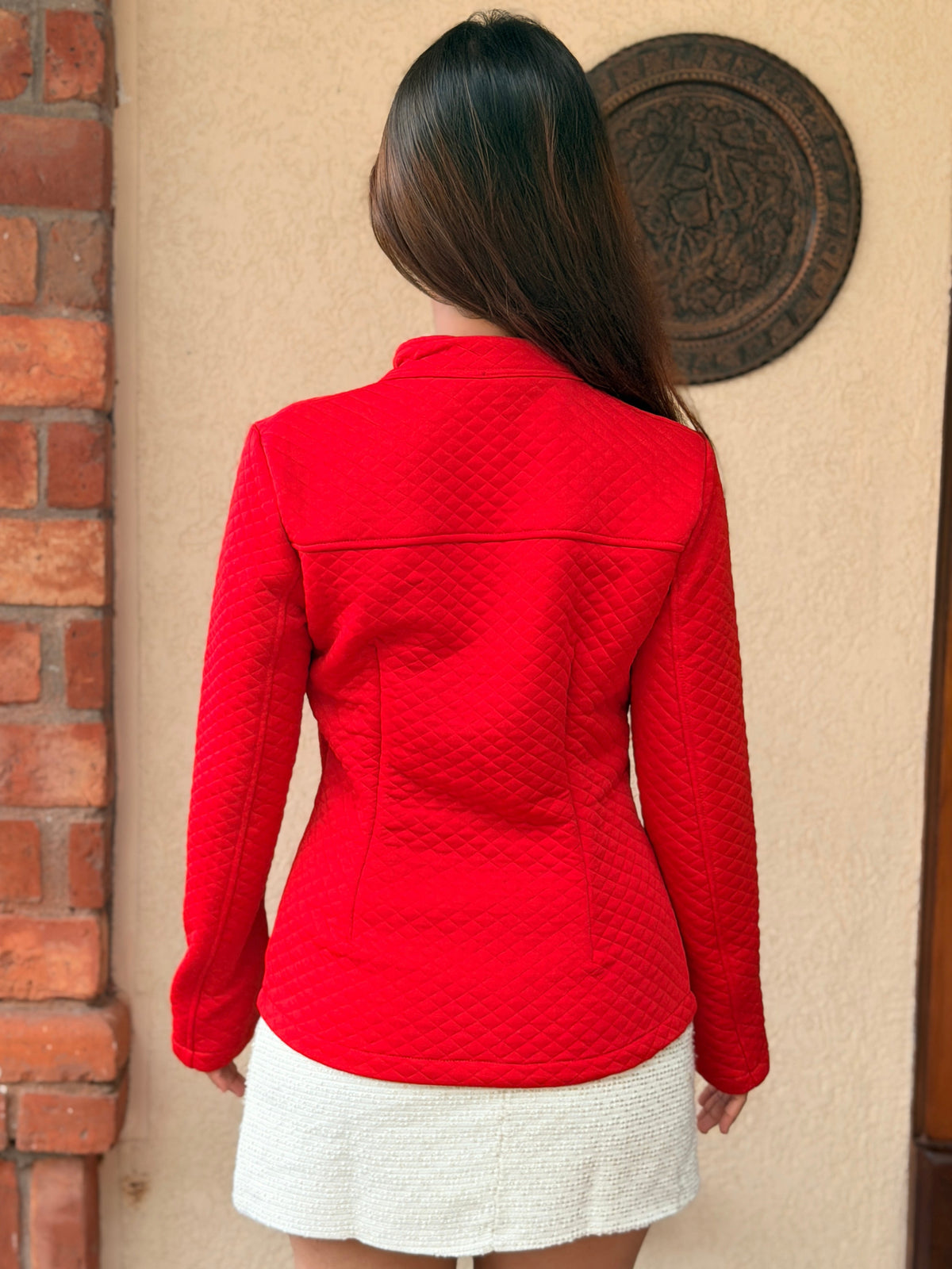 TANDUL Women Quilted Diamond-Stitch Red Zip-Up Jacket