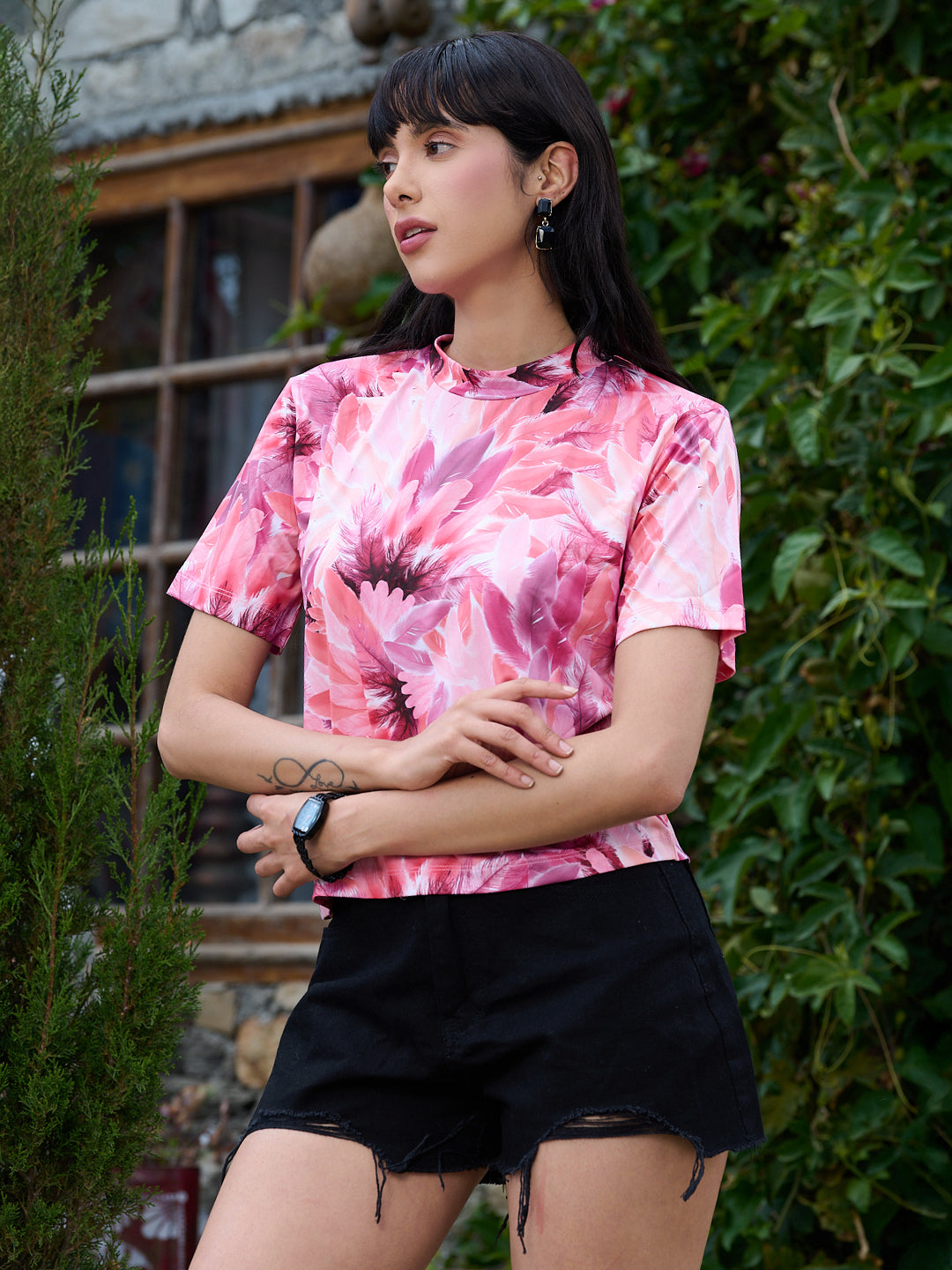 TANDUL Women Pink Feathers Printed  T-shirt