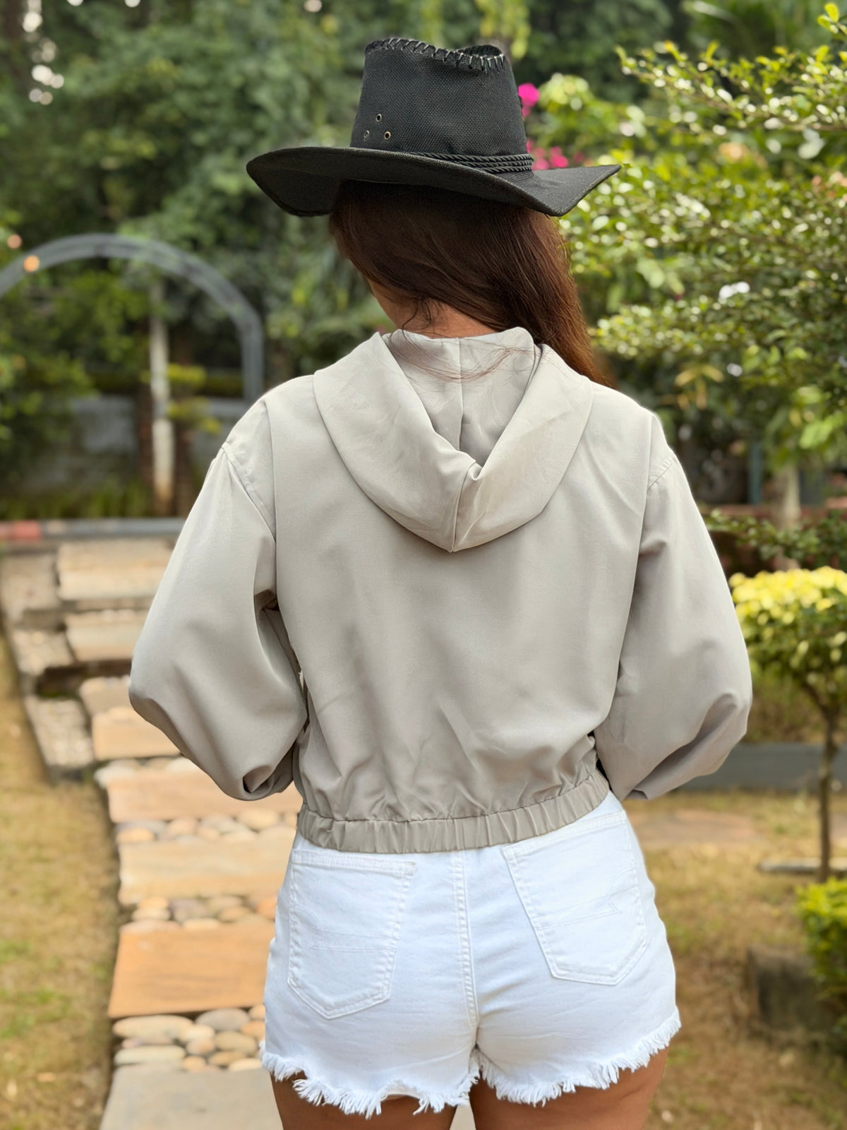 TANDUL Women Grey Cropped Windbreaker Jacket with Hood