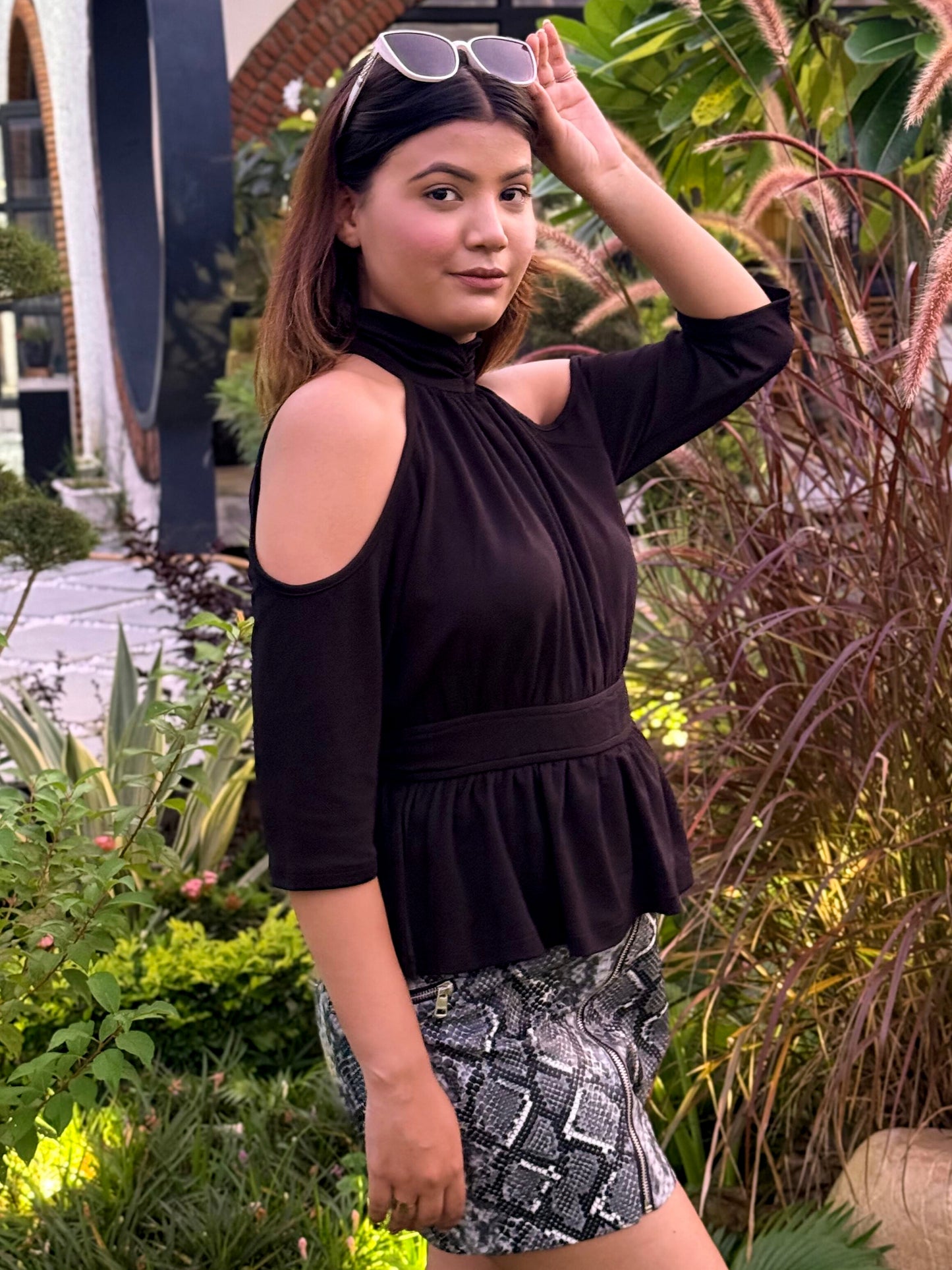 TANDUL Women Black Cold Shoulder Top