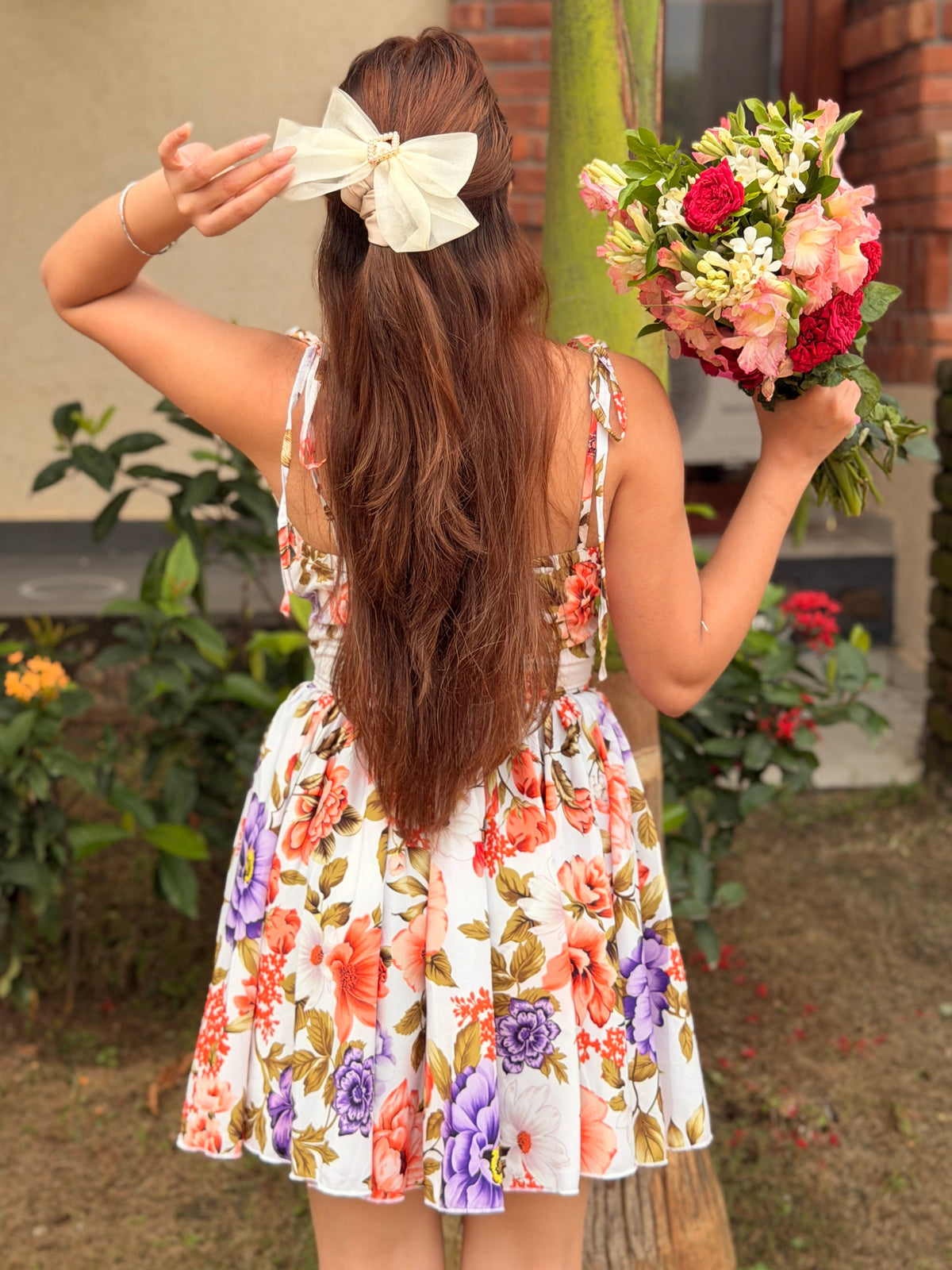 TANDUL Women White Floral Tie-Strap Mini Dress