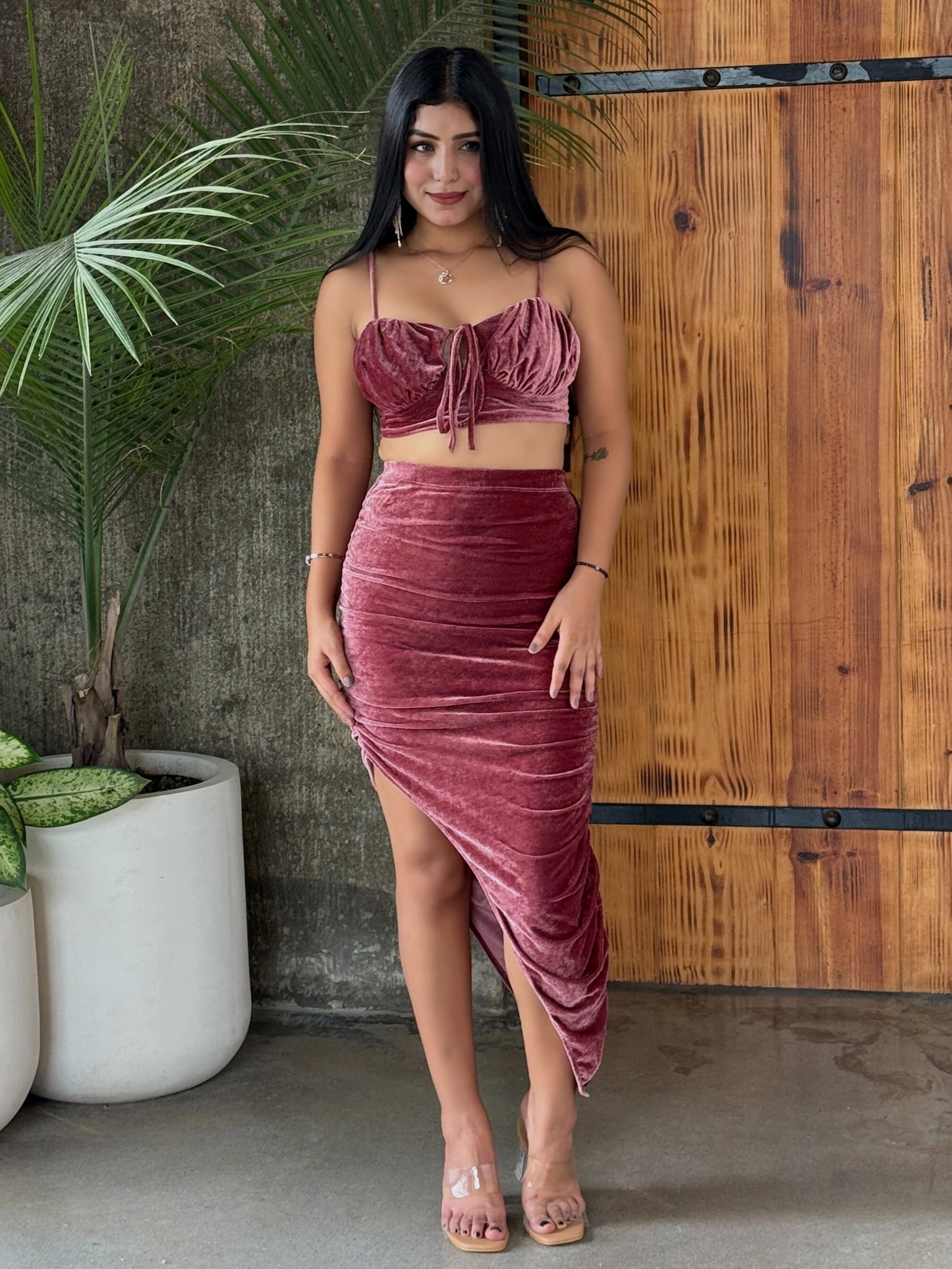 TANDUL Women Stunning Burgundy Velvet Co-ord Set
