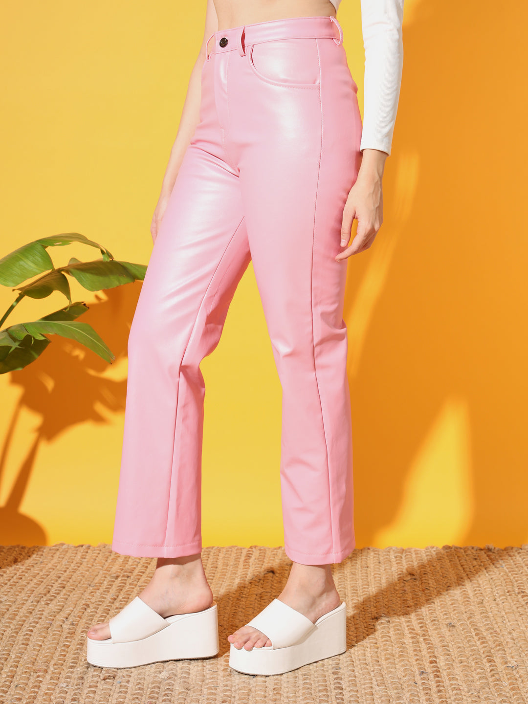 TANDUL  Women Regular Fit Pink Faux Leather Trousers