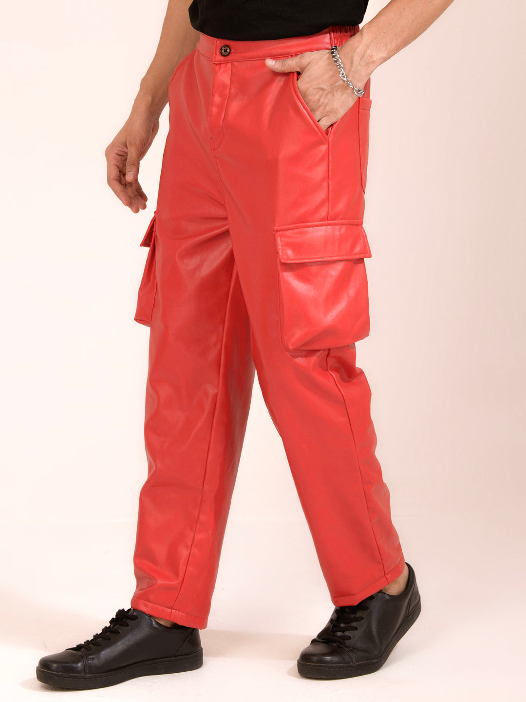 TANDUL  Men Regular Fit Red Faux Leather Trousers