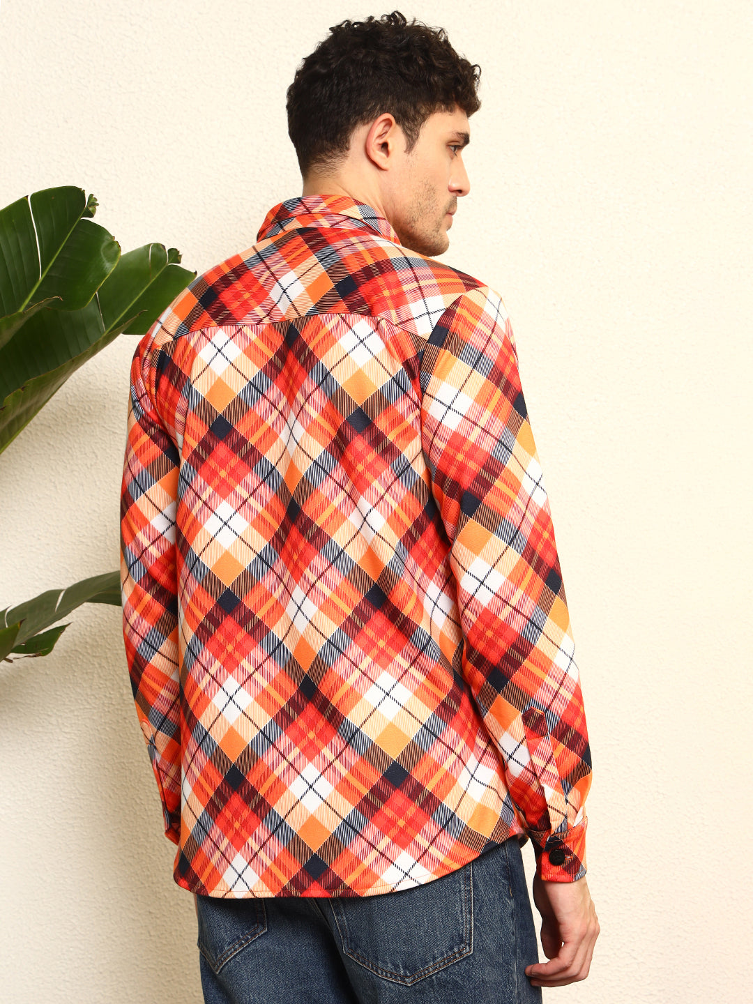 TANDUL Men's Striking Orange and Black Plaid Printed Shaket